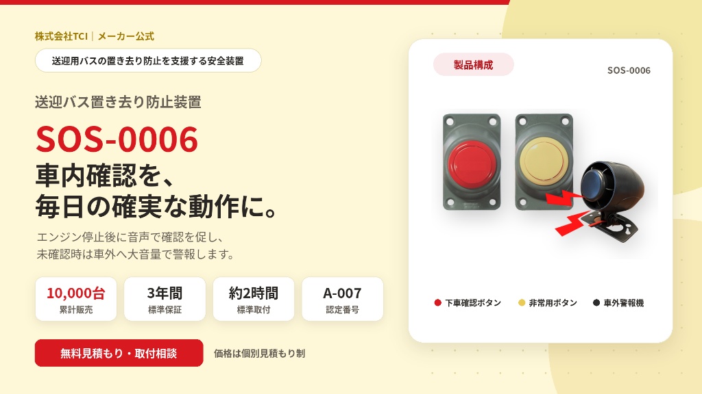 送迎バス置き去り防止装置 SOS-0006 製品構成（下車確認ボタン・非常用ボタン・車外警報機）