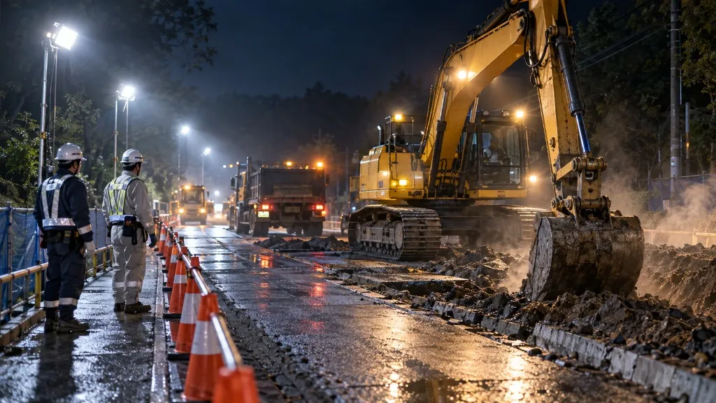 夜間の土木・道路工事現場でサーマルAIカメラが作業員を検知しているイメージ