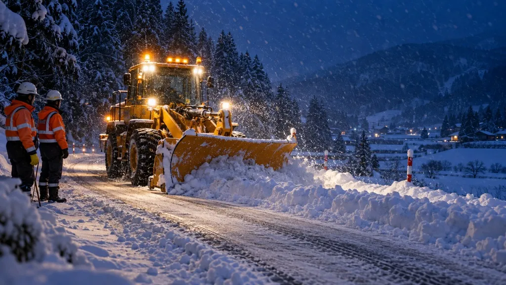 吹雪の中の除雪車にサーマルAIカメラを搭載し歩行者を検知しているイメージ