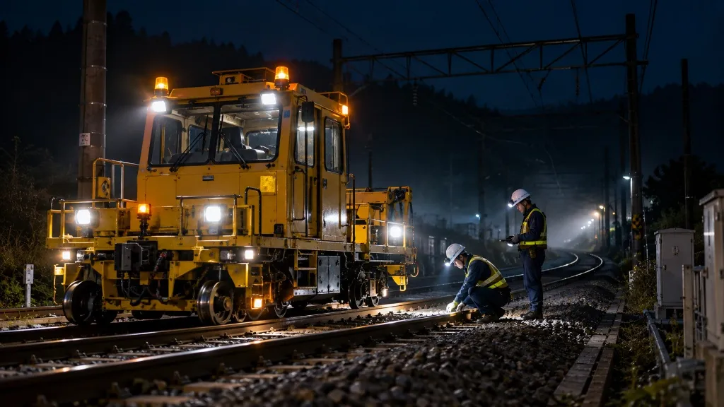 夜間の鉄道点検車両がサーマルカメラで軌道上の作業員を検知しているイメージ