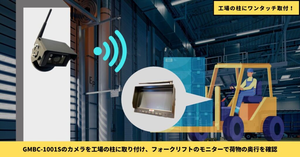 GMBC-1001Sのカメラを工場の柱に取り付け、フォークリフトのモニターで荷物の奥行を確認